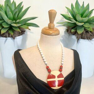 Vintage Red Cream Enameled Medallion 23 Inch Necklace